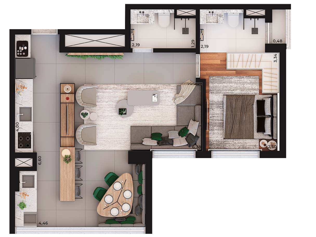 Planta tipo 56m² - 2 Dorms e living ampliado - Edifício Sinésio - Perspectiva ilustrada