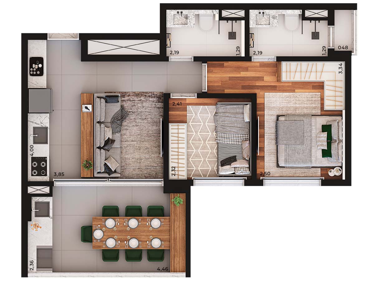 Planta tipo 56m² - 2 Dorms e 1 Suíte - Edifício Sinésio - Perspectiva ilustrada