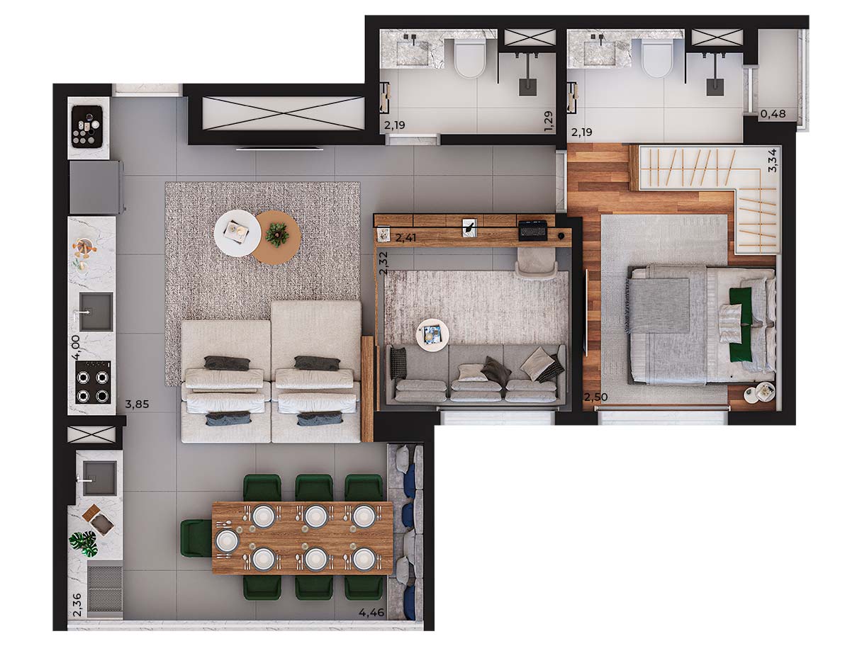 Planta tipo 56m² - 1 Suíte - Home Office - Edifício Sinésio - Perspectiva ilustrada