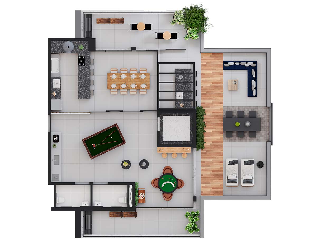 Implantação de lazer Rooftop - Edifício Sinésio - Perspectiva ilustrada