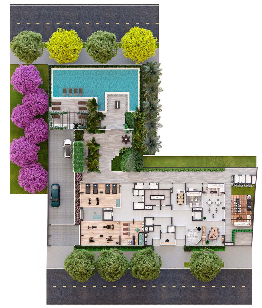 Implantação de lazer térreo - Edifício Sinésio - Perspectiva ilustrada